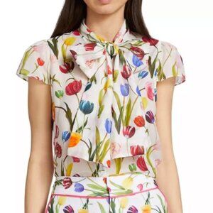 Alice & Olivia Jeannie Bow Blouse- Kiss My Tulip Print- Size Medium
